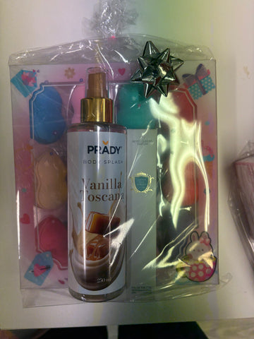 Lote vainilla: Bruma+perfume+12esponjas maquillaje